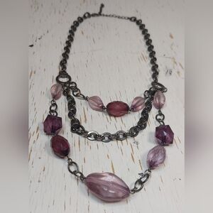Purple Three Tiered Bib Necklace Glass Beads Jewelry Statement Vintage Chic